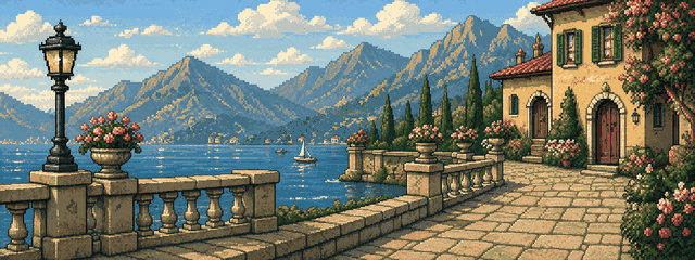 A lakeside promenade with mountains behind