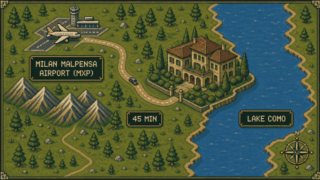 Pixel map showing the 45-minute route from Milan Malpensa airport to Lake Como